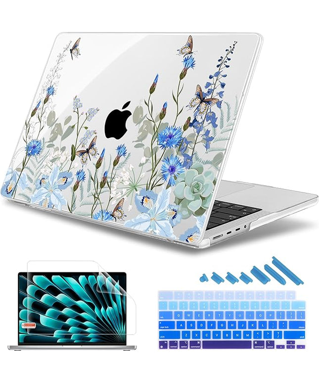 May Chen Case for MacBook Pro 14 inch, Models A2442 A2779 A2918 A2992 A3401 A3185 A3112 A3434, M1 M2 M3 M4 M5 Chip (2021-2025 Release), Plastic Hard Shell Case with Keyboard Cover, Blue Flowers