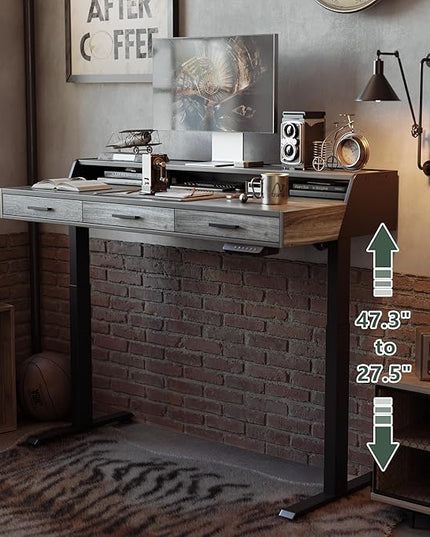 FEZIBO Electric Standing Desk Adjustable Height with Drawers, 55 x 26 Inches Stand Up Desk with Monitor Shelf and Storage, Rustic Grey