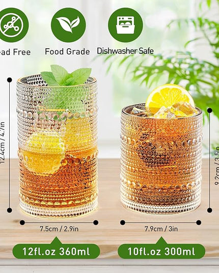 Vintage Hobnail Drinking Glasses Set of 12, 12 oz Highball Glasses & 10 oz Cocktail Glasses, Embossed Glass Cups, Clear Water Glasses Kitchen Bar Glassware Set for Beer, Juice, Cocktail, Whiskey