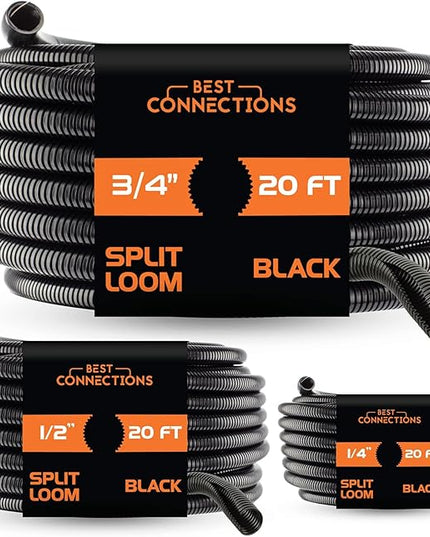 BEST CONNECTIONS Split Wire Loom Flex-Guard Convoluted Tubing Protective Split Cable Sleeves for Auto Home Industrial Electrical Wires Chemical Resistant Conduit Black (1/4", 1/2", 3/4" - 20 ft)