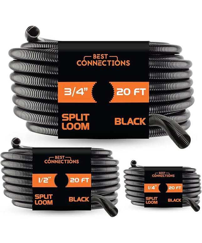 BEST CONNECTIONS Split Wire Loom Flex-Guard Convoluted Tubing Protective Split Cable Sleeves for Auto Home Industrial Electrical Wires Chemical Resistant Conduit Black (1/4", 1/2", 3/4" - 20 ft)
