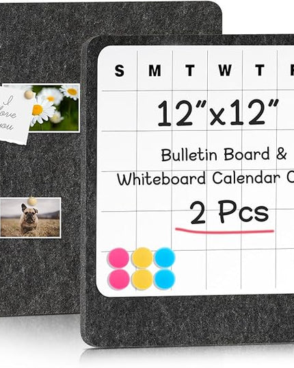 DOLLAR BOSS Felt Bulletin Board & Dry Erase Whiteboard Calendar Combo 2 Pcs 12" X 12" Magnetic White Board Cork Board for Wall Frameless Combination Board with Pins Wall Decor for Home School Office