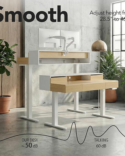 ErGear Electric Standing Desk with 5 Solid Wood Drawers, 48 x 26 Inches Whole Piece Desktop, with Desktop Riser Stand, Compatible with C-Clamp Monitor Arms, Modern Office Desk, Light Walnut