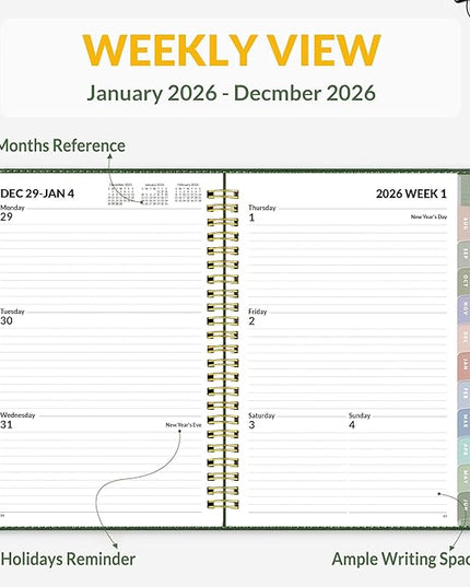 SUNEE 2026 Weekly & Monthly Planner 6.4"x8.5"- 12 Month (January 2026 - December 2026), Vegan Leather Cover, Pocket, Bookmark, Notes, Monthly Tab, Deep Green