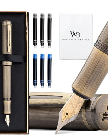 Wordsworth and Black Fountain Pen Mini EDC: Luxury Bronze Heavy Pocket Pen, Medium Nib, 6 Ink Cartridges, Ink Converter, Travel Refillable Writing Pen Gift Set, Men & Women