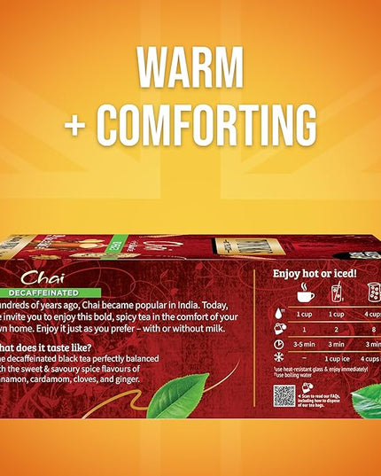 Twinings Decaffeinated Chai Individually Wrapped Bags, 100 Count (Pack of 1), Sweet, Savoury Spices, Enjoy Hot or Iced, 100 Teabags