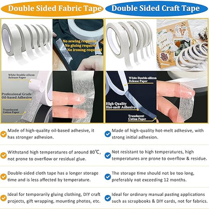 Double-Sided Fabric Tape, Hem Tape No Sew Double Sided Tape for Crafts Arts, 6 Rolls Strong Adhesive Cloth Sewing Tape for Hemming, Clothing Repairs, Pants, DIY Projects, Paper Backing (0.6/0.8/1inch)