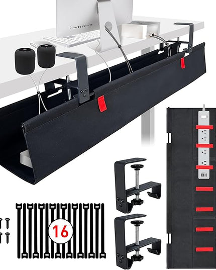 [Upgraded] Under Desk Cable Management, 28" Cord Organizer, with Silicone Pads (No Scratch!), 16 Cable Ties, Washable PE Honeycomb Base,Fits Any Desk 0-2.1", No Stinky Cardboard!Black