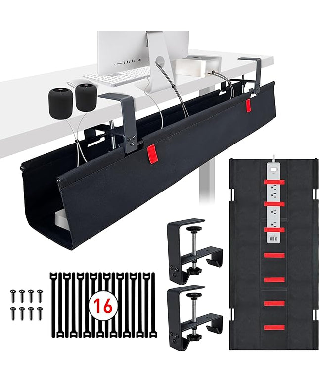 [Upgraded] Under Desk Cable Management, 48" Cord Organizer, with Silicone Pads (No Scratch!), 16 Cable Ties, Washable PE Honeycomb Base,Fits Any Desk 0-2.1", No Stinky Cardboard!Black