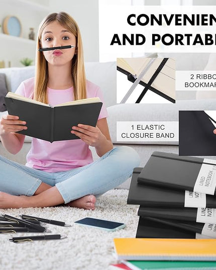 Aodaer 12 Set Lined Notebook Journals with Pens A5 Notebooks 100 GSM College Ruled Hardcover Notebook PU Leather Notepad with Pen Holder for Office School, 5.7 x 8.3 Inches, Black