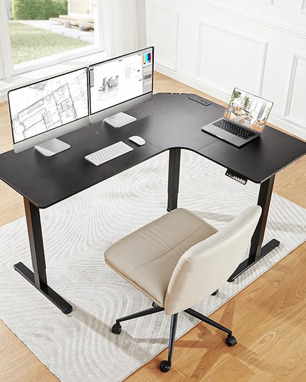 HUANUO 63″ Dual Motor L-Shaped Standing Desk, Built-in Power Outlets, Electric Height Adjustable Corner Computer Desk, Large Power Strip Holder, Sit Stand Up Desk with 3 Preset Heights, Black
