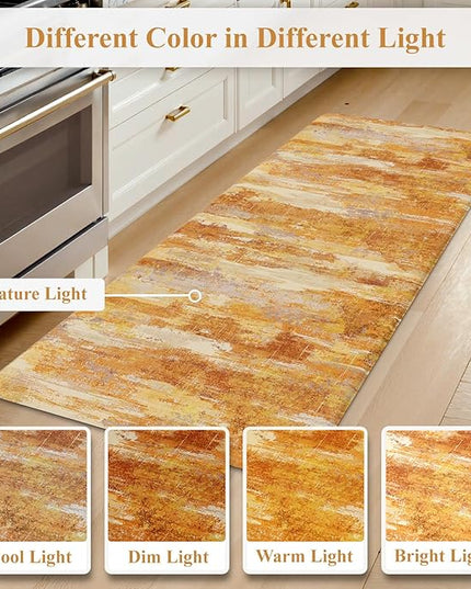 Collive Kitchen Mats for Floor 2PCS, Fall Abstract Cushioned Anti Fatigue Mat Non Slip Waterproof Kitchens Sink Rug, Orange Modern Comfort Standing Mat for Desk, Bar, Home Decor, 17"x47"+17"x29"