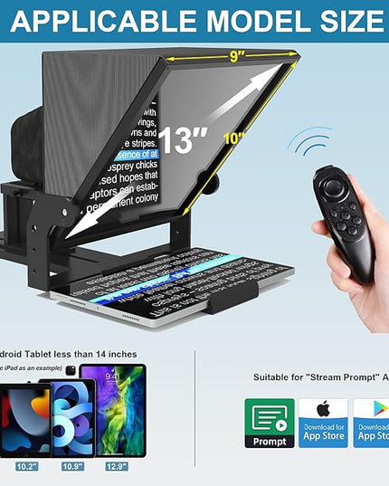 13-inch high-Definition Wide-Angle teleprompter｜High-Definition Beam Splitter Design｜Manual Height Adjustment, Compatible with a Wide Range of Devices｜with Remote Control and teleprompter apps