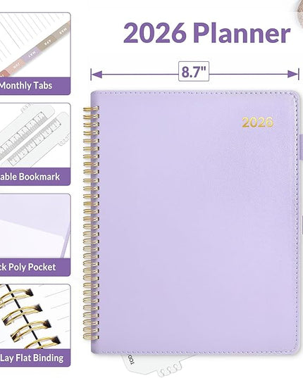 SUNEE 2026 Planner, Weekly and Monthly Calendar Planner 9"x11.2"- 12 Month (January 2026 - December 2026), Vegan Leather Cover, Pocket, Bookmark, Notes, Monthly Tab, Purple