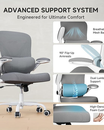 Mesh Office Chair, 330LBS Ergonomic Desk Chair with Adjustable Lumbar Support, Executive Computer Chairs for Home Office, White and Gray