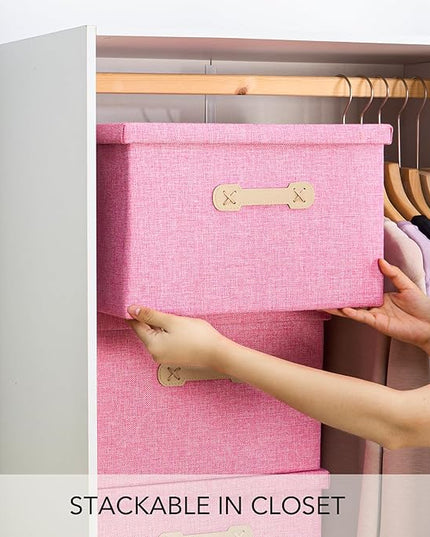 Enzk&Unity Decorative Storage Bins with Lids, Fabric Linen Foldable Storage Box with Handle Home Organizer for Shelf, Closet, Bedroom, Living Room, Office, 3 Packs, Pink