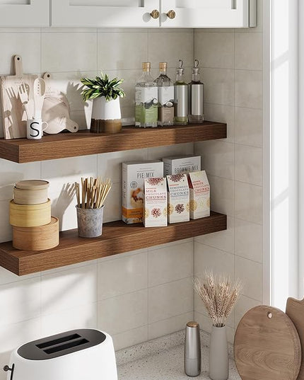 Fun Memories Floating Shelves 30 Inch, Wall Mounted Wood Shelf Set of 2, Farmhouse Decor for Bathroom, Bedroom, Kitchen, Living Room, Walnut