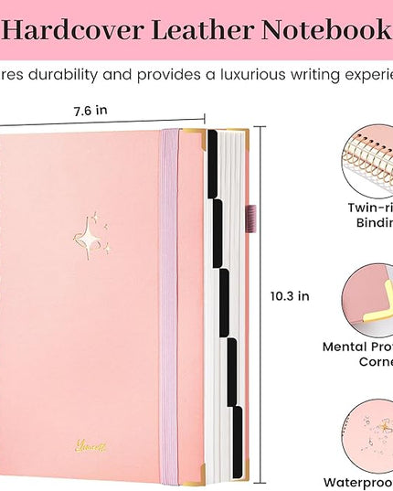 FLYING EAGLE Leather Spiral Notebooks for Work 5 Subject Notebook College Ruled with Dividers Pen, 360 Pages B5 Hardcover Lined Journals for Women Men Writing,Pink