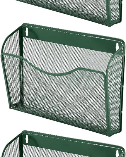 EASEPRES 3 Single Pocket Mesh Hanging File Organizer, Vertical Wall Mounted Magazine File Holder, Mount Basket Mail Paper Document Folder Organizing for Office, Home and School, Dark Green