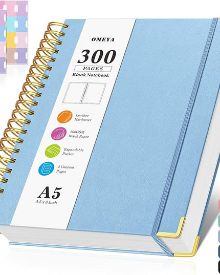 Blank Spiral Notebook: Leather Sketch Book, 300 Pages Hardcover Unlined Notebook for Women Men,100GSM Thick No Bleed Paper Journal, A5 Small Art Sketchbook for Drawing Writing, 5.5" x 8", Light Blue