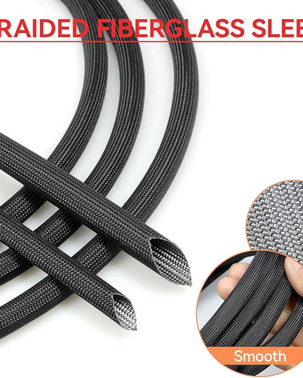 Braided Fiberglass Sleeve, 10ft High Temp Cable Sleeve, Flexible Cable Management Cable Protector for Car Wire Loom Protection (Black, 1/4")