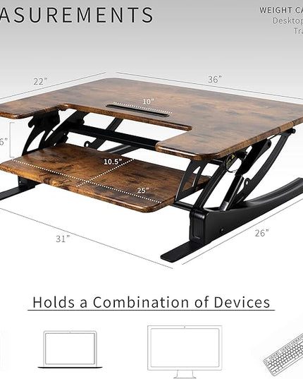 VIVO 36 inch Height Adjustable Stand Up Desk Converter, V Series, Quick Sit to Stand Tabletop Dual Monitor Riser Workstation, Rustic Vintage Brown Top, Black Frame, DESK-V000VN