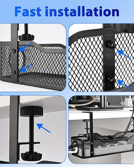 Under Desk Cable Management Tray Small – Clamp-Mounted Wire Organizer & Cord Management Under Desk Holder, No-Drill Metal Cable Tray for Home Office (Black)