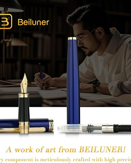 BEILUNER Blue Fountain Pen,Stunning Luxury Pens with 24K Gold Finish, Gorgeous 24K Gilded Nib(Medium), Fancy Pen Gift for Men&Women -Ink Converter-Elegant, Reliable,Nice Pen for Writing