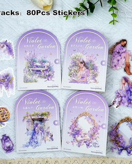 AuriicLeaf Violet Garden PET Sticker Set, 80PCS Fairy-Themed Scrapbook Supplies Journal Stickers in Purple for DIY Crafts, Planners, and Collages