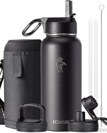 Water Bottle 32 oz Insulated with Straw, Coolflask Stainless Steel Metal 3 Lids Water Flask Wide Mouth for Sports or Office, Non-BPA Keep Cold Up to 48 Hrs or Hot Up to 24 Hrs, Magic Black