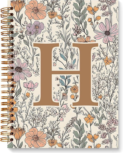 JXREQ Vintage Boho Floral Personalized Notebook, Initial Letter H Notebook Journal, Monogram Notebook, Monogrammed Gifts for Women, Boho Office Supplies, Flower Spiral Notebook 5.5x8.3