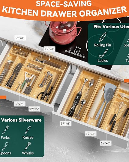 Bamboo Kitchen Drawer Organizer, Stackable Utensil Holder Silverware Organizer Cutlery Tray - 2PCS Organizer Bins for Makeup Jewelries Flatware in Bathroom, Office Desk, Cabinets, 15x6x2 inch