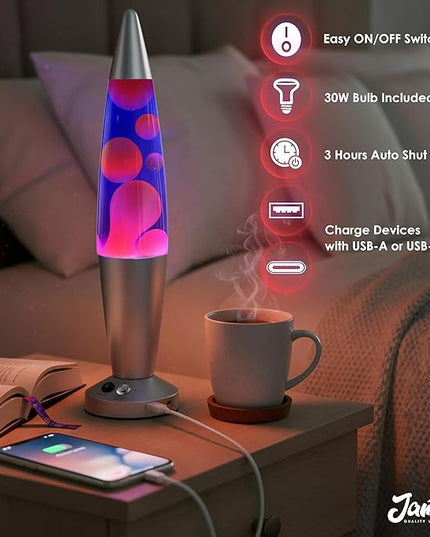 JAMBO Upgraded Motion Lamp – 16" Blue Liquid, Purple Wax – USB Ports, Timer – Night Light for Adults, Teens, Kids – Bedroom, Living Room, Office Décor Lamp