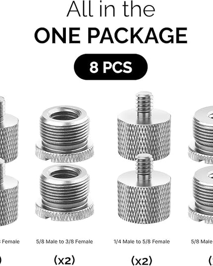 IXTECH Mic Stand Adapter Set - 8pcs Metal Tripod Adapter - 5/8" to "3/8" & "1/4" Male/Female Threads - ADP01 Silver