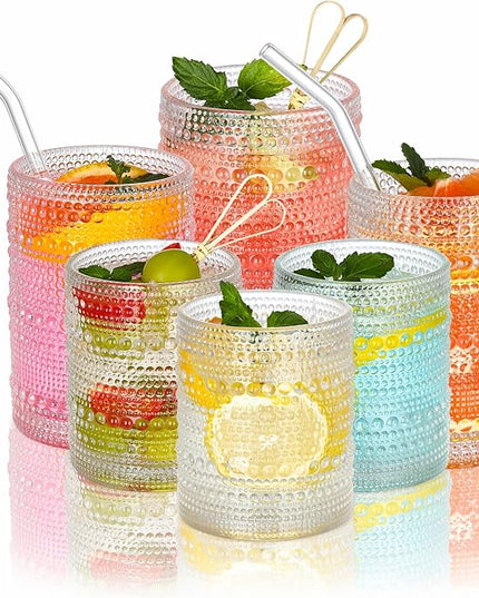 Hobnail Drinking Glasses Set of 12, 12oz & 15oz Vintage Glassware Set Cocktail Glass Set, Embossed Clear Water Tumbler,for Beer, Whiskey,Juice and Various Mixed Drinks (12 Pack-Clear)