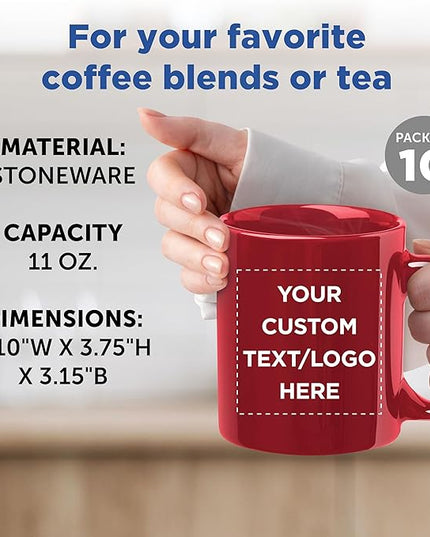 DISCOUNT PROMOS Ceramic Coffee Mugs 11 oz. Set of 10, Bulk Pack - Coffee cup set, Iced coffee cup, Gaming mug - Red
