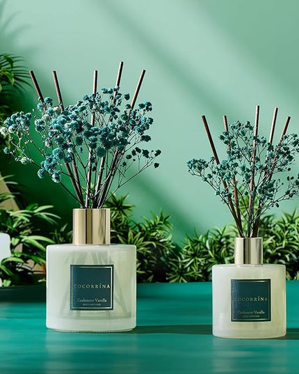 COCORRÍNA Reed Diffuser - Cashmere Vanilla 17 Fl.oz Reed Diffuser with 8 Sticks Scented Diffuser with Preserved Flowers for Bathroom Home Decor