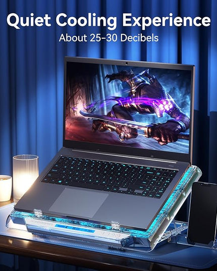 ICE COOREL Gaming Laptop Cooling Pad with 15 RGB Cooling Fans, Fully Transparent Laptop Fan Cooler Pad for 15-21 Inch, Gaming Laptop Cooler Stand with 8 Height Adjustable, USB Port and Type-C Port