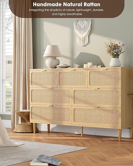 Garvee Rattan Dresser with 7 Drawers, Tall Modern Closet with Deep Storage, Large Chest of Drawers with Wide Top, Long Wooden Dresser for Bedroom, Living Room, Hallway, Kids Room, Natural