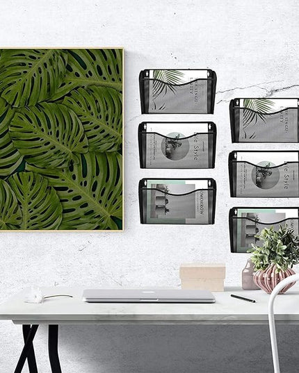 EASEPRES 6 Single Pocket Mesh Hanging File Organizer, Vertical Wall Mounted Magazine File Holder, Mount Basket Mail Paper Document Folder Organizing for Office, Home and School, Black