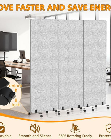 Soundproof Room Divider Panel with Wheels, 66in Portable Office Partition Screen, 3 Panel Temporary Wall Divider for Sound Proof Separation, Cubicle Privacy Panels for Desk (Light Grey)