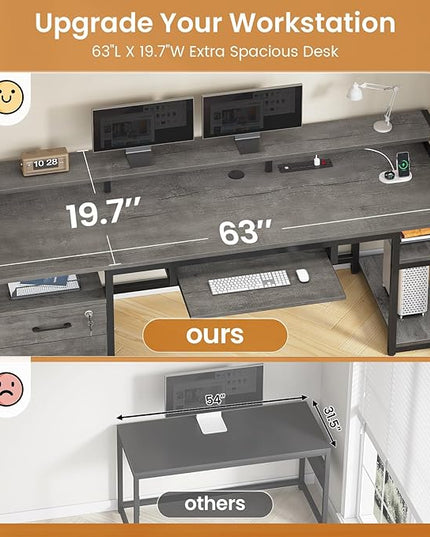 SEDETA 63" Computer Desk, Office Desk with Lockable Drawers for Legal/Letter File, Gaming Desk with LED Lights & Power Outlet, Home Office Desks with Storage, Grey