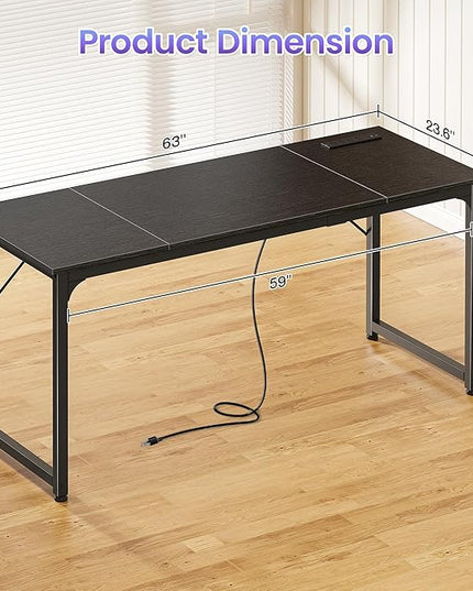 PRAISUN 63 X 24 Inch Office Computer Desk with Power Outlets and USB-C Port, Larger and Longer Gaming Desk, for Home Office, Study, Writing Work from Home Table, Metal Frame, Black