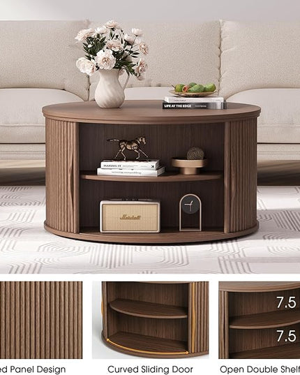 JOINICE 31.5" Round Lift Top Coffee Table, Mid Century Modern Walnut Center Table with Hidden Storage, Fluted Drum Wood Design for Small Living Room & Apartment