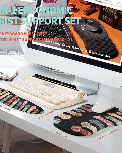 2-in-1 Ergonomic Set, Wave Rise Keyboard Wrist Rest and Massage Bulge Slope Mouse Pad Wrist Support, Cushion Memory Foam Integrated to Relieve Wrist Pain, Multicolour Cat Claws