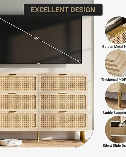 Garvee Rattan Dresser with 6 Drawers, Tall Modern Closet with Deep Storage, Large Chest of Drawers with Wide Top, Long Wooden Dresser for Bedroom, Living Room, Hallway, Kids Room, Natural