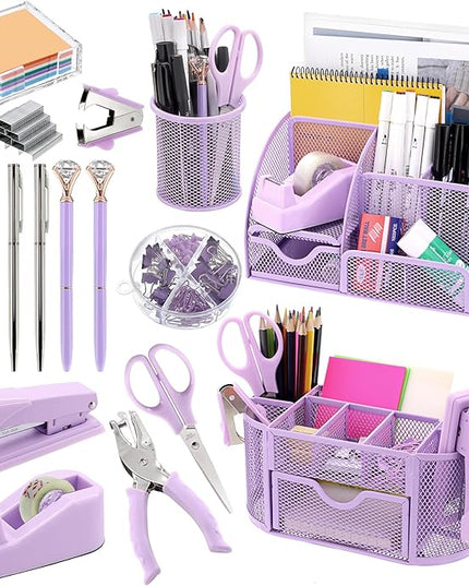 17 in 1 Purple Desk Organizers and Accessories Set, 3 Office Desk Supplies Storage Organization, 4 Pens, Stapler, Staples & Remover, Tape & Dispenser, Scissors, Ruler, Clips, Hole Punch Back to School
