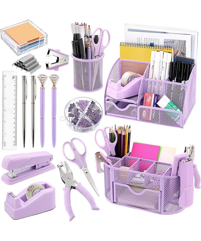17 in 1 Purple Desk Organizers and Accessories Set, 3 Office Desk Supplies Storage Organization, 4 Pens, Stapler, Staples & Remover, Tape & Dispenser, Scissors, Ruler, Clips, Hole Punch Back to School