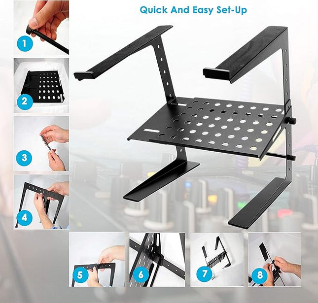 Pyle Portable Adjustable Laptop Stand - 6.3 to 10.9 Inch Standing Table Monitor or Computer Desk Workstation Riser with Shelf Storage and Height Alignment for DJ, PC, Gaming, Home or Office - PLPTS26