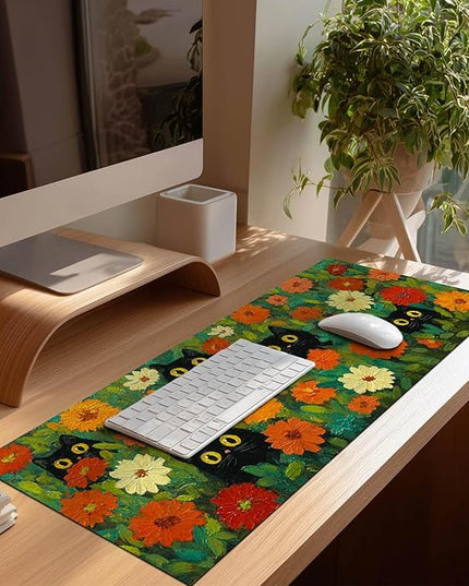 Mouse Pad Gaming Mousepad 31.5 x 11.8 Inch Large Keyboard Desktop Mat Diatomite XL Mouse Pad for Home and Office Desk Accessories with Colorful Floral Garden Cat Artwork